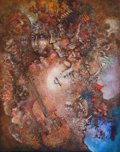 Barbara Bielecka-Woźniczko, Z serii Zasłuchani I, akryl, olej, płótno, 100x80, 2024